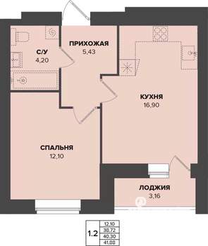 1-к квартира, строящийся дом, 40м2, 7/9 этаж