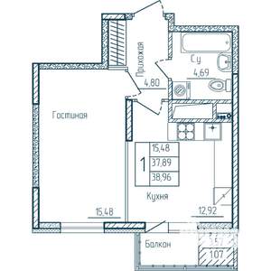 1-к квартира, строящийся дом, 39м2, 9/18 этаж