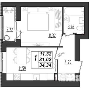 1-к квартира, строящийся дом, 34м2, 3/9 этаж