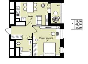 1-к квартира, вторичка, 43м2, 3/18 этаж