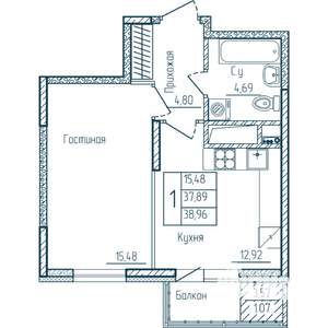 1-к квартира, строящийся дом, 39м2, 13/18 этаж