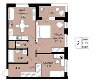 2-к квартира, вторичка, 62м2, 18/18 этаж