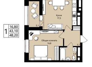 1-к квартира, вторичка, 43м2, 2/18 этаж