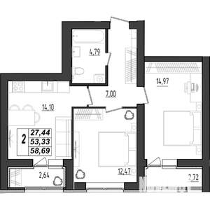 2-к квартира, строящийся дом, 59м2, 1/9 этаж
