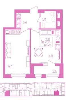 1-к квартира, вторичка, 42м2, 9/19 этаж