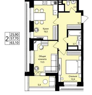 2-к квартира, вторичка, 58м2, 14/18 этаж