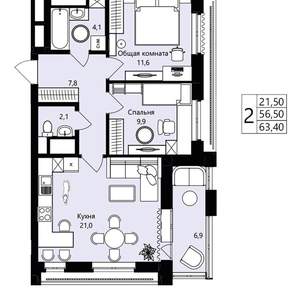 2-к квартира, вторичка, 57м2, 12/18 этаж