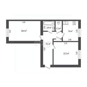 2-к квартира, вторичка, 53м2, 1/4 этаж