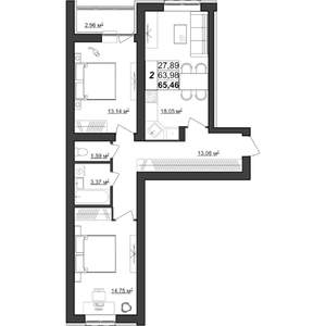 2-к квартира, строящийся дом, 65м2, 1/9 этаж