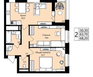 2-к квартира, вторичка, 64м2, 10/18 этаж