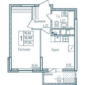1-к квартира, строящийся дом, 38м2, 2/18 этаж