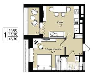 1-к квартира, вторичка, 41м2, 14/18 этаж
