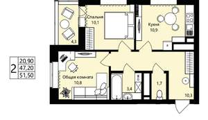 2-к квартира, вторичка, 47м2, 6/18 этаж