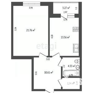 1-к квартира, вторичка, 53м2, 5/9 этаж