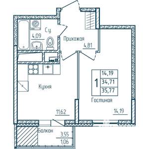 1-к квартира, строящийся дом, 36м2, 8/18 этаж