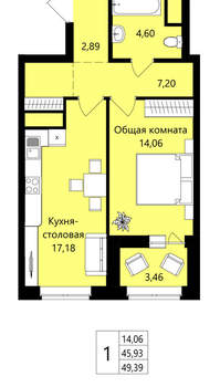 1-к квартира, вторичка, 46м2, 14/18 этаж