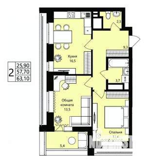 2-к квартира, вторичка, 58м2, 14/18 этаж