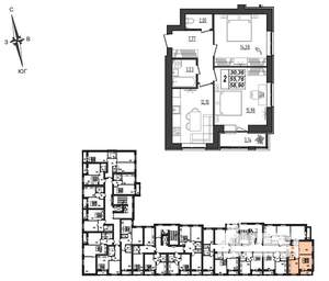 2-к квартира, вторичка, 59м2, 1/9 этаж