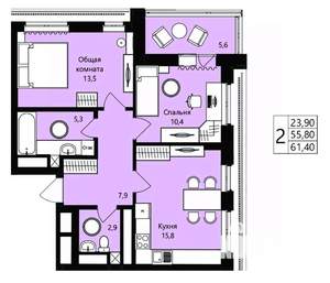 2-к квартира, вторичка, 56м2, 12/18 этаж