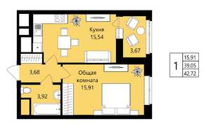 1-к квартира, вторичка, 39м2, 17/18 этаж