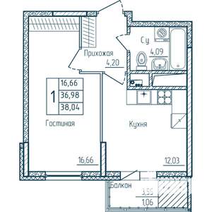 1-к квартира, строящийся дом, 38м2, 3/18 этаж