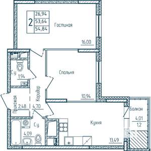 2-к квартира, строящийся дом, 55м2, 14/18 этаж