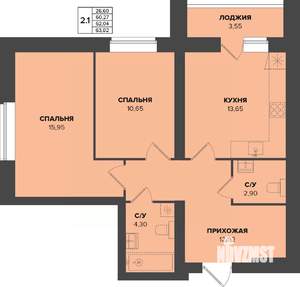 2-к квартира, строящийся дом, 62м2, 8/9 этаж