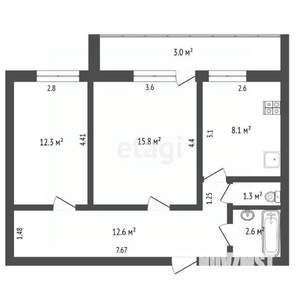 2-к квартира, вторичка, 53м2, 2/10 этаж