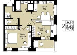 2-к квартира, вторичка, 52м2, 9/18 этаж