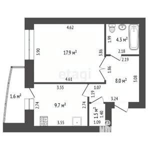 1-к квартира, вторичка, 43м2, 8/12 этаж