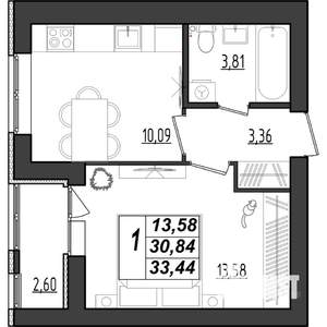 1-к квартира, строящийся дом, 33м2, 2/9 этаж