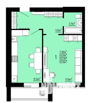 1-к квартира, строящийся дом, 48м2, 4/10 этаж