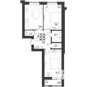 2-к квартира, строящийся дом, 60м2, 1/9 этаж