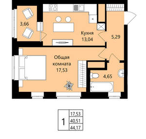 1-к квартира, вторичка, 41м2, 2/18 этаж