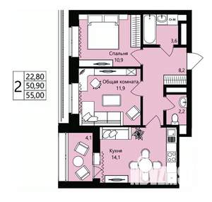 2-к квартира, вторичка, 51м2, 14/18 этаж