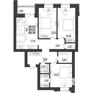 3-к квартира, строящийся дом, 88м2, 6/9 этаж