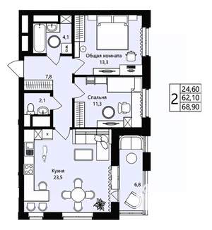2-к квартира, вторичка, 62м2, 5/18 этаж