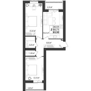 2-к квартира, строящийся дом, 64м2, 8/9 этаж