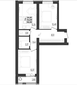 2-к квартира, вторичка, 57м2, 1/9 этаж