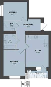 2-к квартира, строящийся дом, 60м2, 4/9 этаж