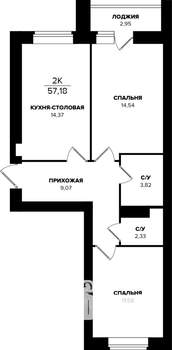 2-к квартира, строящийся дом, 57м2, 9/9 этаж
