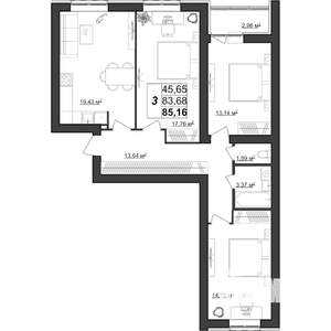 3-к квартира, строящийся дом, 85м2, 5/9 этаж