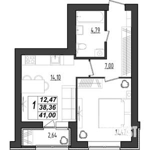 1-к квартира, строящийся дом, 41м2, 3/9 этаж