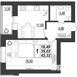 1-к квартира, строящийся дом, 42м2, 2/9 этаж