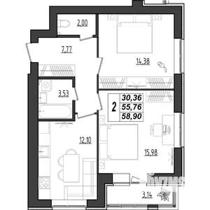 2-к квартира, строящийся дом, 59м2, 3/9 этаж