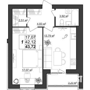 1-к квартира, строящийся дом, 44м2, 3/9 этаж