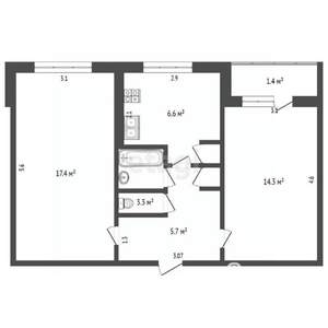 2-к квартира, вторичка, 48м2, 1/5 этаж