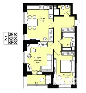 2-к квартира, вторичка, 64м2, 5/18 этаж