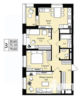 3-к квартира, вторичка, 75м2, 7/18 этаж