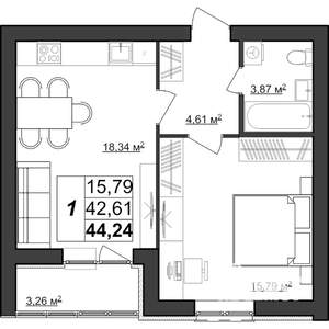 1-к квартира, строящийся дом, 44м2, 3/9 этаж